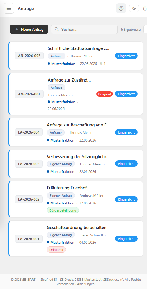 Antragsverwaltung mit Statusabzeichen