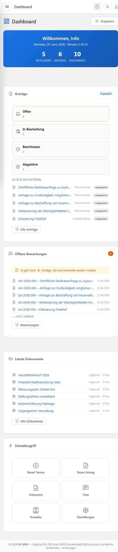 SB-Stadtrat Dashboard mit Kennzahlen, Anträgen, Bewertungen und Dokumenten