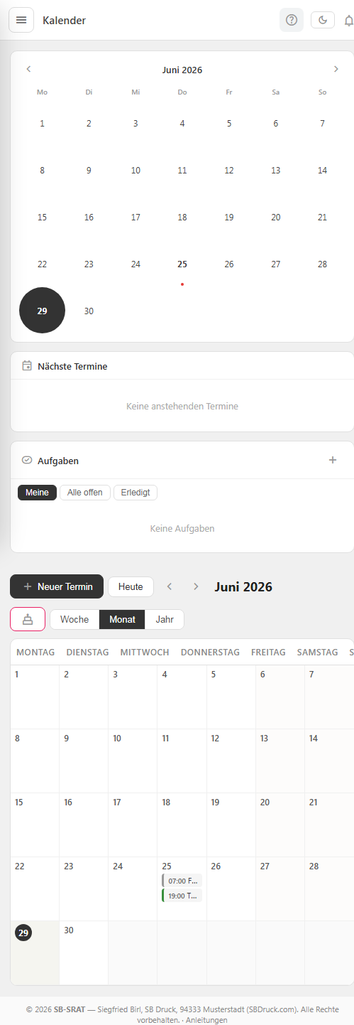 Kalender in Monatsansicht mit Aufgaben
